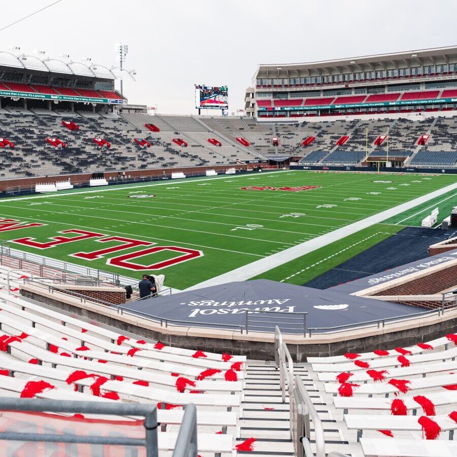 awning covering corner suite at Ole Miss Football stadium
