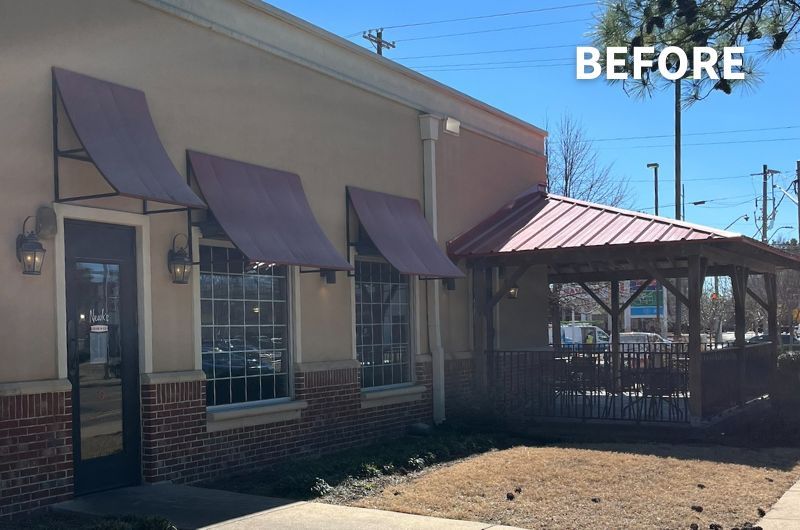 faded awnings over restaurant windows