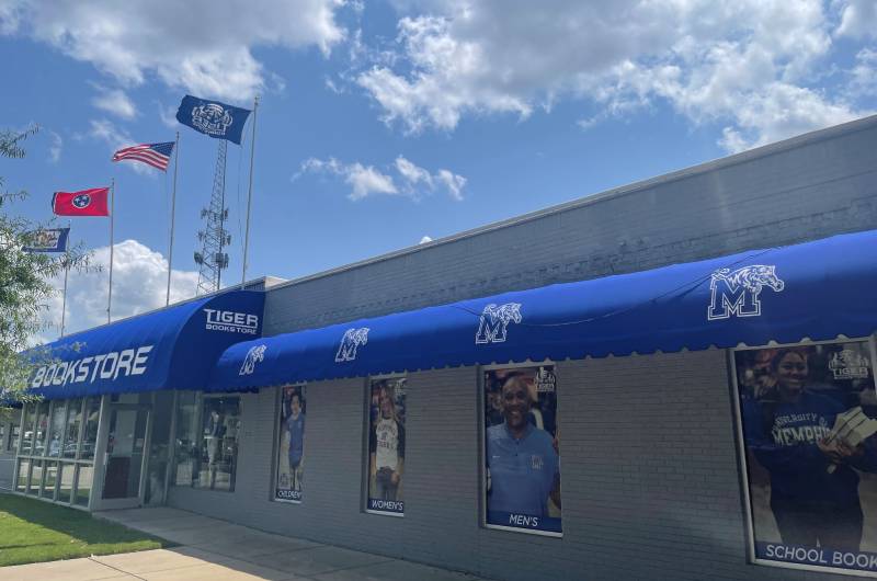 convex fabric awnings at Tiger Bookstore