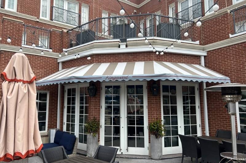 Square Fabric Striped Awning Mitered Around Entry