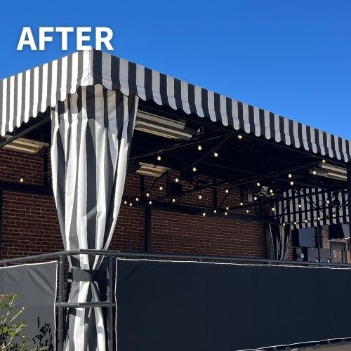 striped awning and curtains over restaurant patio
