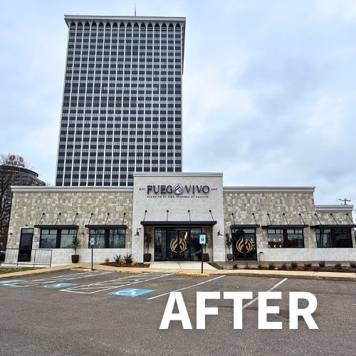 restaurant facade with canopies