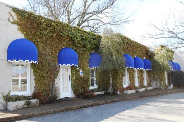 blue fabric dome awnings on vine covered building